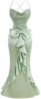 Satin Bow Cocktail Maxi Dress Cowl Neck Ruffle Trim