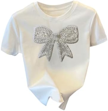 Sequin Cute Short Sleeve T Shirts Bowknot Crew Neck Tee