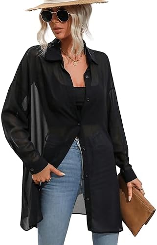 Sheer Drop Shoulder Blouse Long Sleeve Collar Button