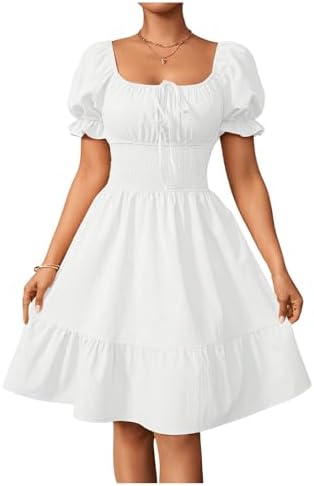 Short Puff Sleeve Tie Front Milkmaid Dress Ruffle Hem A