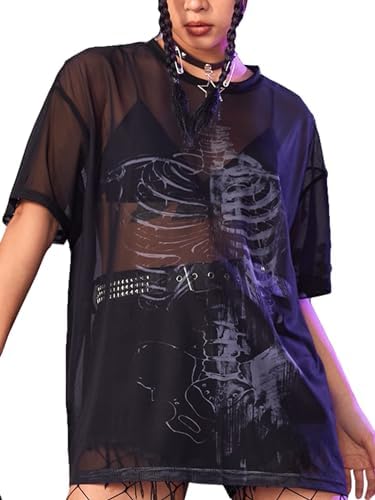 Short Sleeve Skeleton Sheer Mesh T Shirt Rave Tops