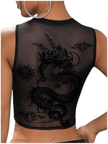 Sleeveless Crew Neck Dragon Print Sheer Mesh Crop Tank