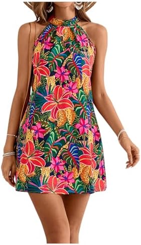 Sleeveless Floral Sundress Halter Neck A Line Short Dress
