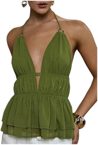 Sleeveless Halter Top V Neck Smocked Ruffle Going Out Tops