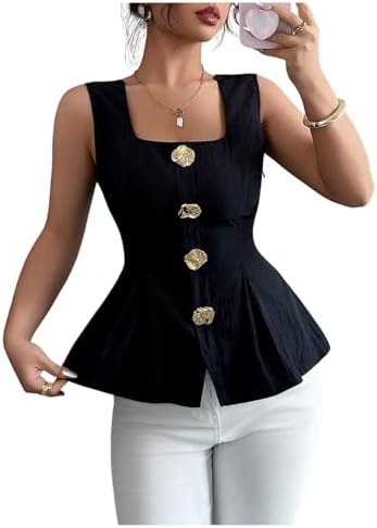 Sleeveless Metal Button Vest Shirts Square Neck Flared