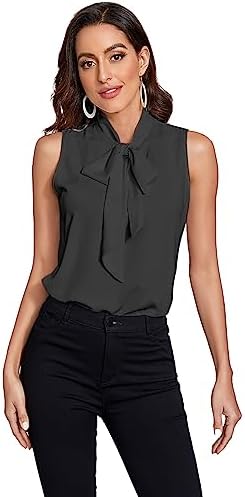 Sleeveless Tie Bow Neck Chiffon Solid Blouse Top