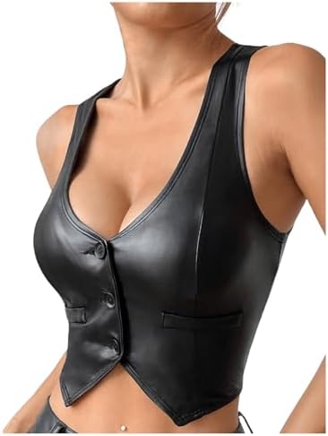 Sleeveless V Neck Button Front Faux Leather Waistcoat Y2k