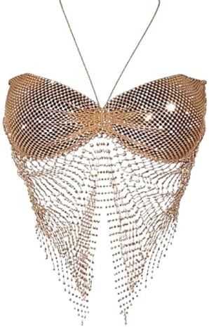 Sparkly Rhinestone Fishnet Halter Top Y2K Tie Backless