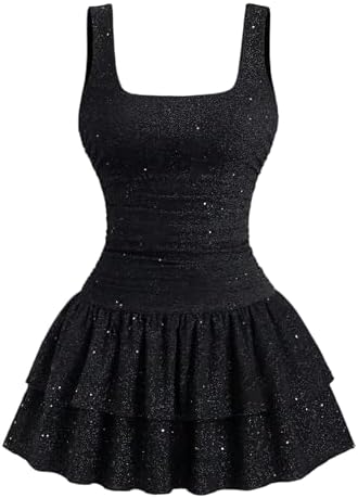Sparkly Rhinestone Square Neck Tank Dress Ruched Layered