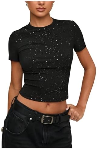 Sparkly Sequin T Shirts Y2k Short Sleeve Crew Neck Going