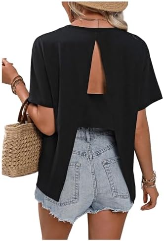 Split Open Back Crew Neck T Shirt Cut Out Short Sleeve