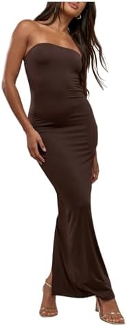 Strapless Tube Bodycon Dress Bandeau Slit Party Club Maxi