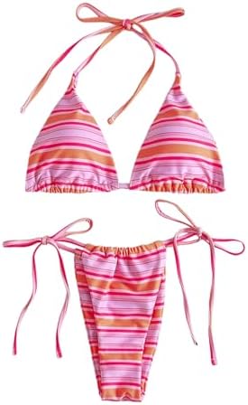 Striped Bikini Sets 2 Piece Halter Swimsuit Tie Side