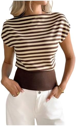 Striped Boat Neck T Shirt Summer Cinched Waist Short