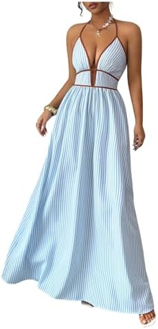 Striped Halter Maxi Dress Backless Smocked Boho Dress