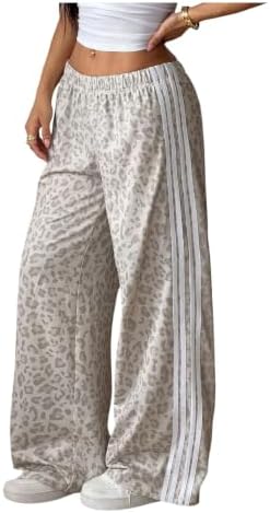 Striped Leopard Print Wide Straight Leg Trousers Pants