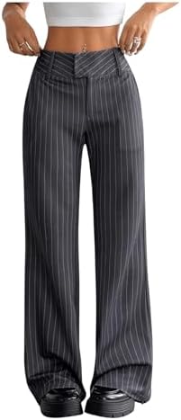 Striped Print High Waisted Dress Pants Straight Leg Work