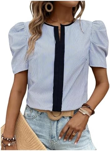 Striped Print Puff Sleeve Shirt Notched Neck Colorblock