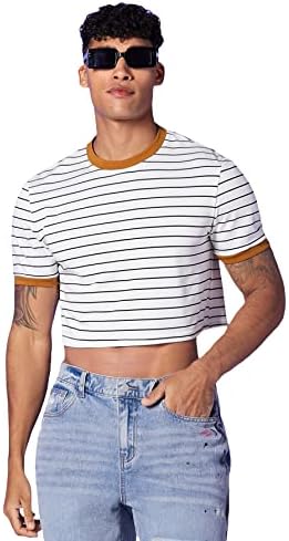 Striped Print Short Sleeve Contrast Binding T Shirt Crop