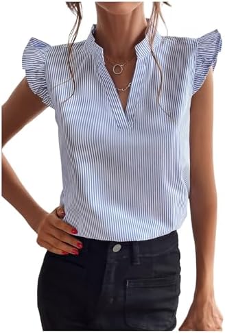 Striped Ruffle Cap Sleeve Tops Summer Blouse Tops V Neck