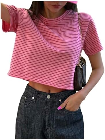 Striped Short Sleeve T Shirts Crew Neck Summer Casual Tee