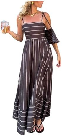 Striped Summer Maxi Dress Spaghetti Strap Smocked Flowy