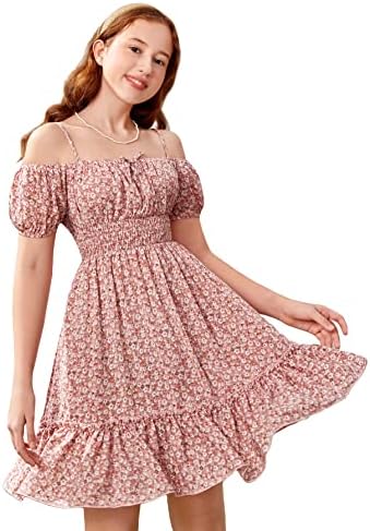 Summer Boho Floral Dress Puff Short Sleeve Cold Shoulder