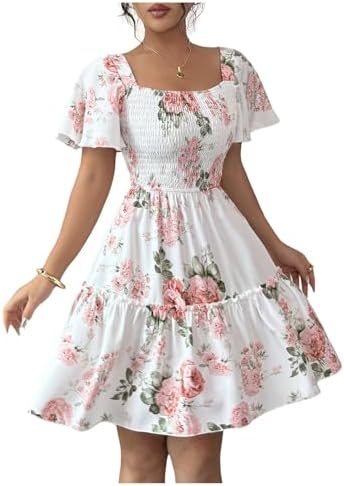 Summer Floral A Line Dress Square Neck Smocked Tiered
