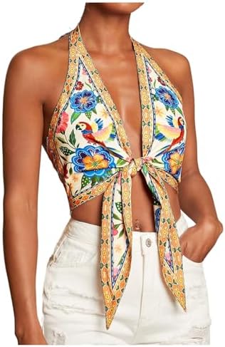 Summer Floral Halter Tops Tie Front Backless Beach