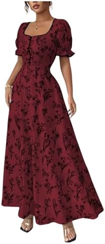Summer Floral Long Dress Button Square Neck Puff Sleeve