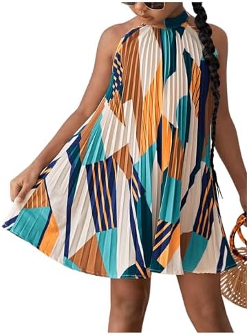Summer Geometric Print Sleeveless Halter Neck Pleated