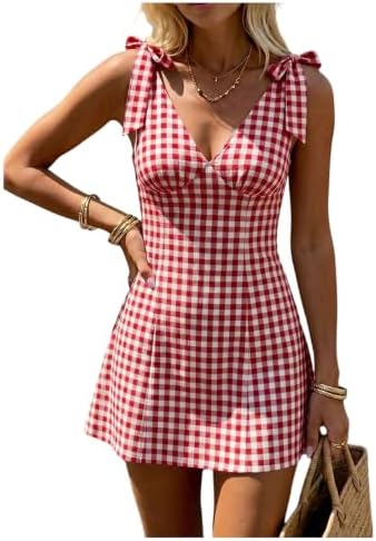 Summer Gingham Backless Bow Tie Casual Vacation Mini