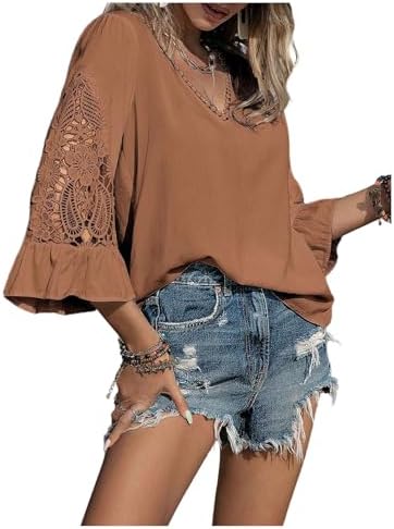Summer Hollow Out 3/4 Length Sleeve Blouse Top V Neck
