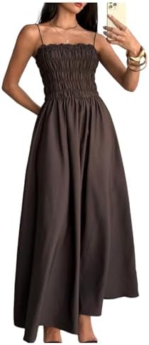 Summer Long Dresses Spaghetti Strap Shirred Flared Hem