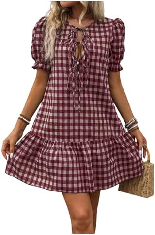 Summer Puff Sleeve Gingham Ruffle Dress Tie Front Flared
