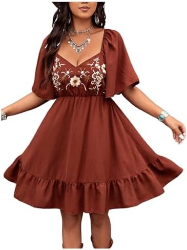 Summer Short Dress Flounce Sleeve Embroidery Western