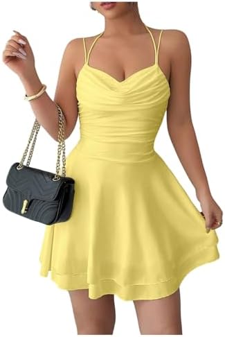 Summer Short Halter Dress Draped Ruched Layered Ruffle A