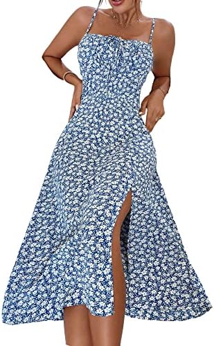 Summer Split Thigh Spaghetti Strap Cami Midi Floral Dress