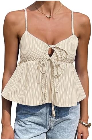 Summer Striped Sleeveless Camisole Ruffle Peplum Tops