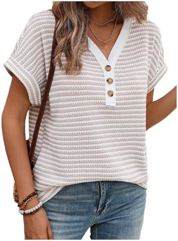 Summer T Shirts Striped Textured Dolman Sleeve Button