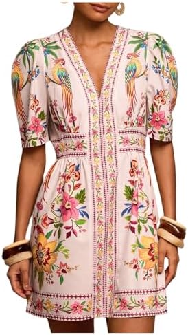 Summer Tropical Mini Dress Puff Sleeve V Neck Vacation