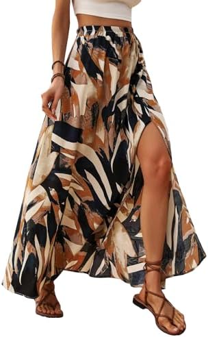 Summer Tropical Print Slit Long Skirt Elastic High Waist