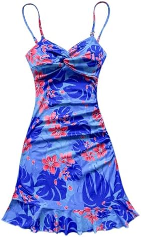 Summer Tropical Twist Front Ruched Ruffle Hem Bodycon
