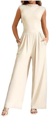 Summer Wide Leg Jumpsuit Elegant Sleeveless Mock Neck