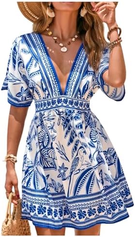 Swim Dress Boho Beach Cover Up Short Sleeve V Neck