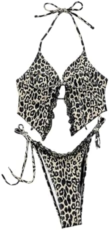 Tankini Swimsuits Cheetah Lace Trim Halter Tie Side 2