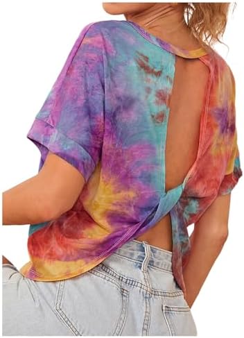Tie Dye Cut Out Twist Back T Shirt Short Sleeve Casual