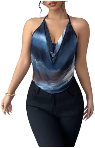 Tie Dye Draped Halter Top Y2k Sleeveless Asymmetrical Hem