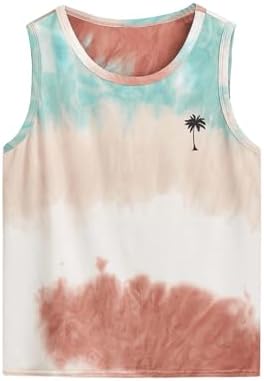 Tie Dye Sleeveless Tank Top Crewneck Hawaiian Tree Print