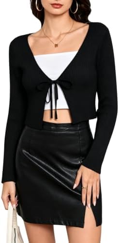 Tie Front Long Sleeve Ribbed Knit Shrug Cardigan Crop Top